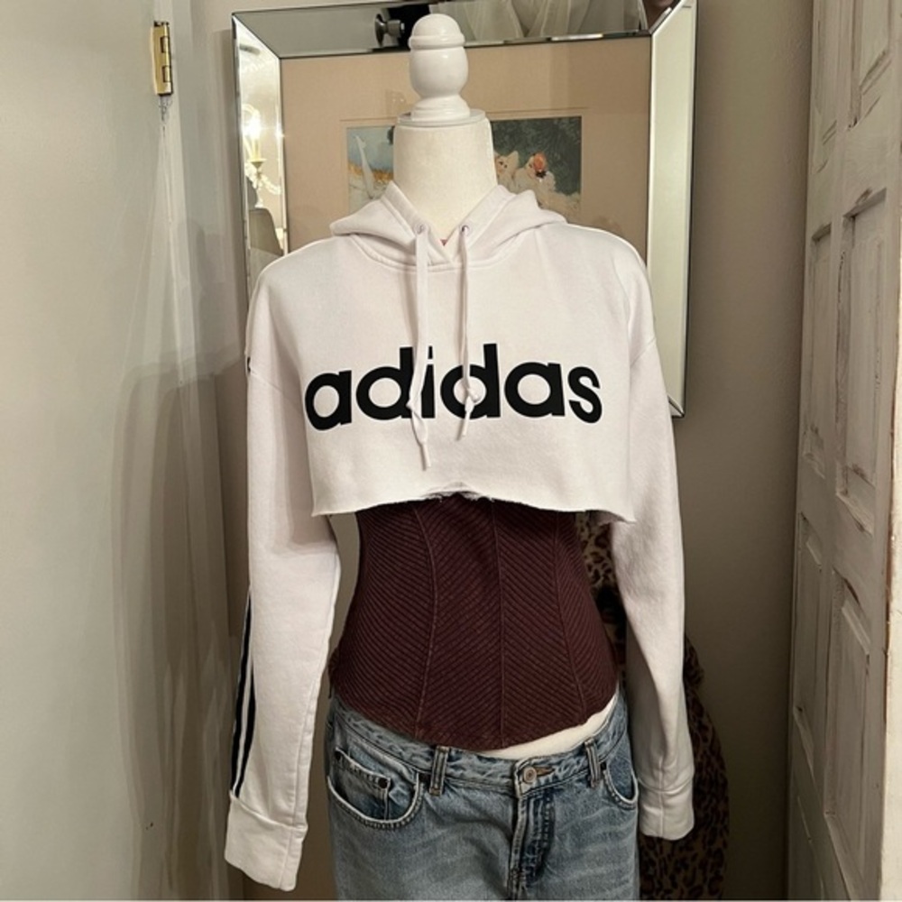 adidas White Cropped Hoodie with Black Logo and Stripe